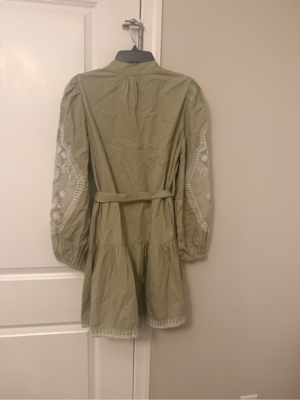 7 For All Mankind Olive Green Embroidered Tie-Waist Long-Sleeve Dress - Picture 2 of 2